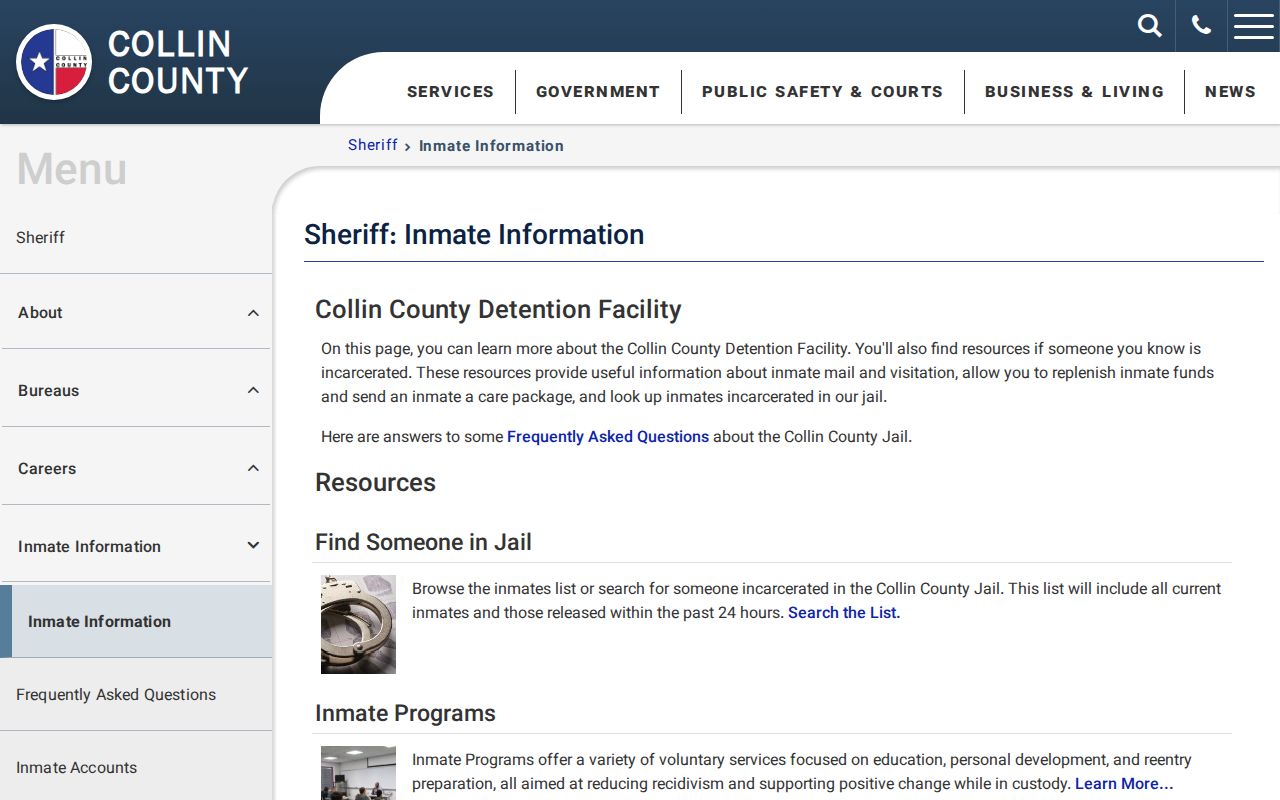 Allen residents directory view of Collin County inmate information entry page
