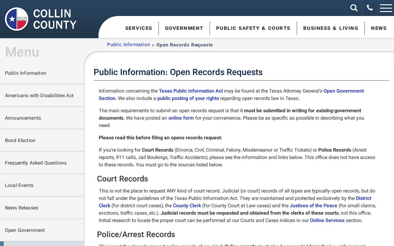 Allen residents directory view of Collin County public information request route