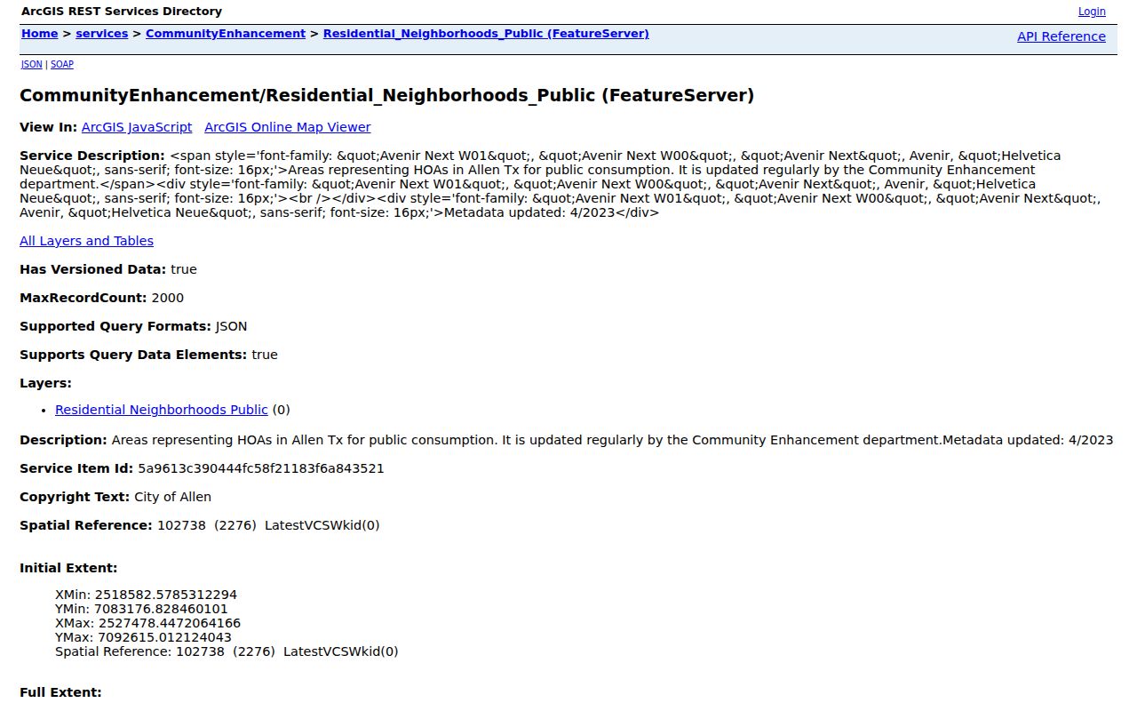 Allen neighbors neighborhood and HOA boundary inventory