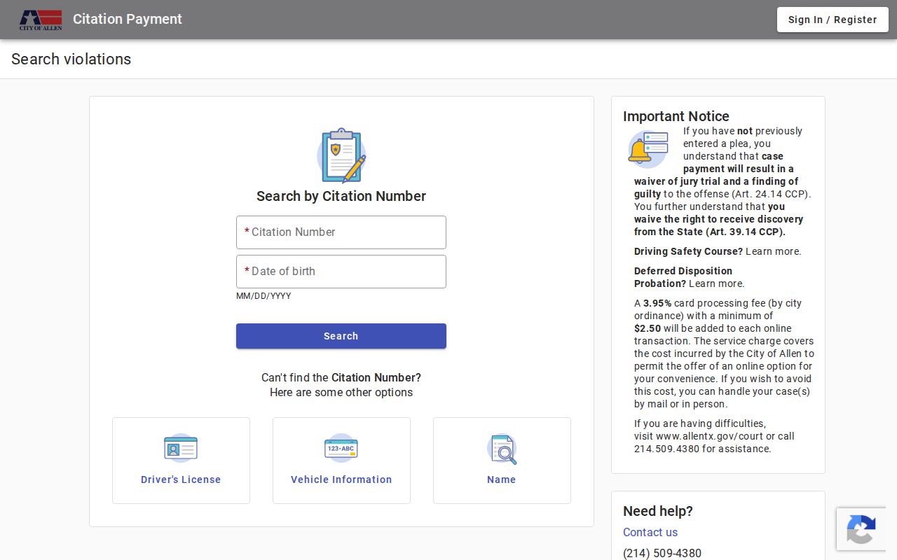 Allen resident lookup Allen Municipal Court citation search